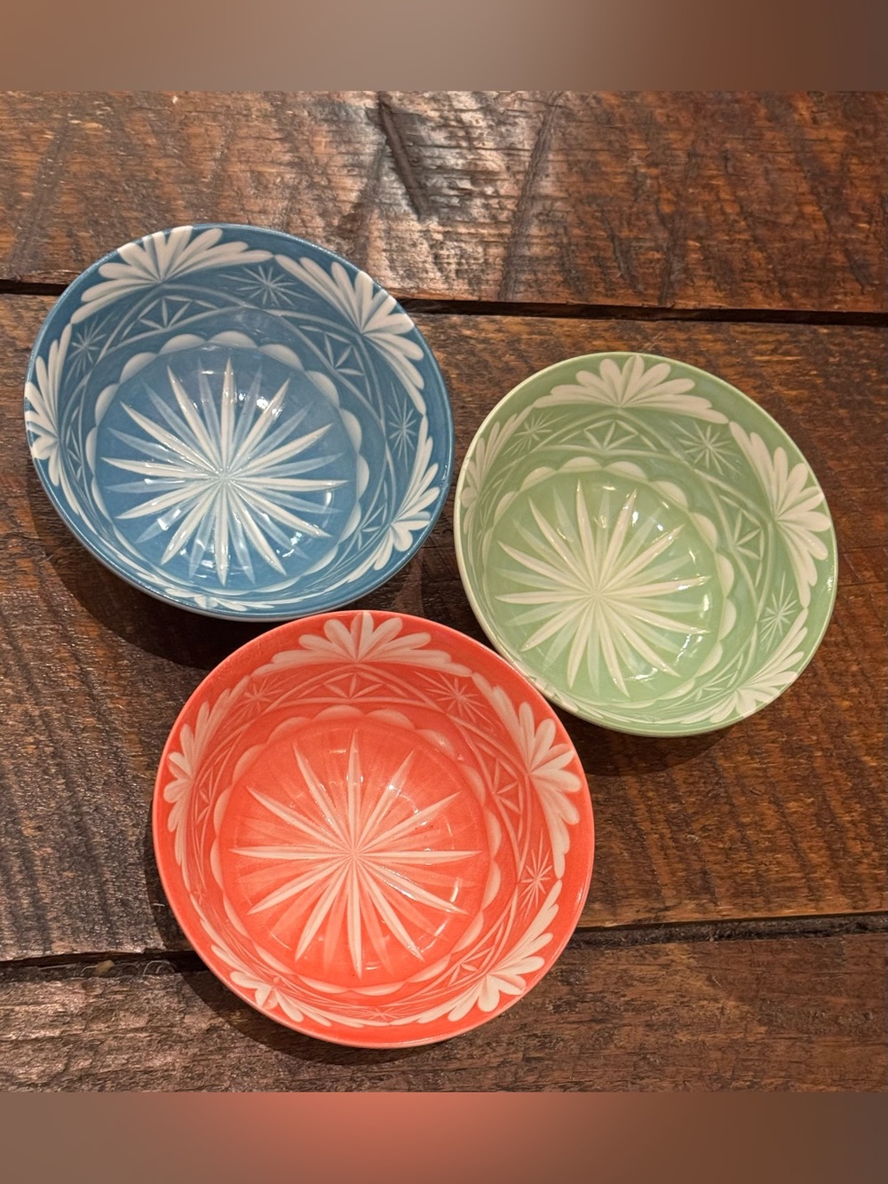 Set of 3 Made in Japan Etched Ceramic Bowls Blue Green Coral